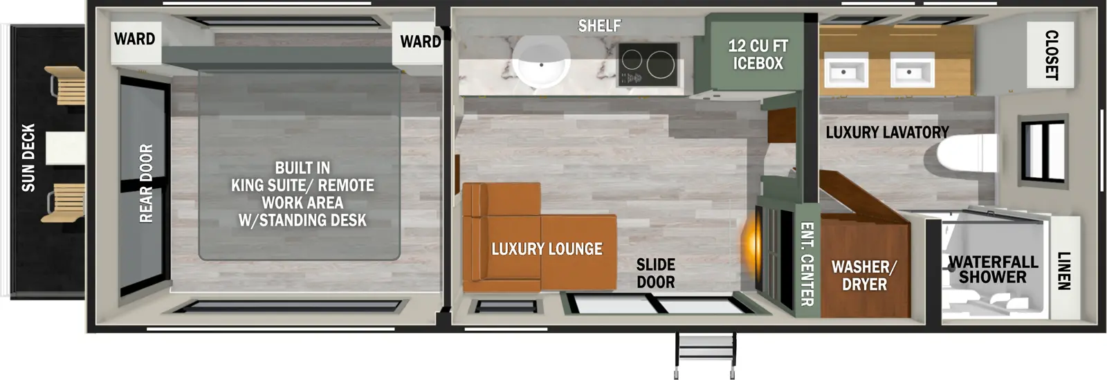 The No Boundaries RVS1 has two entries and zero slide outs. Exterior features include: fiberglass exterior. Interiors features include: rear bedroom.